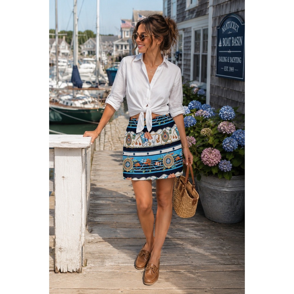 Boho Coastal Vacation Nautical Preppy Navy Blue Talbots 10 Silk Pencil Skirt
